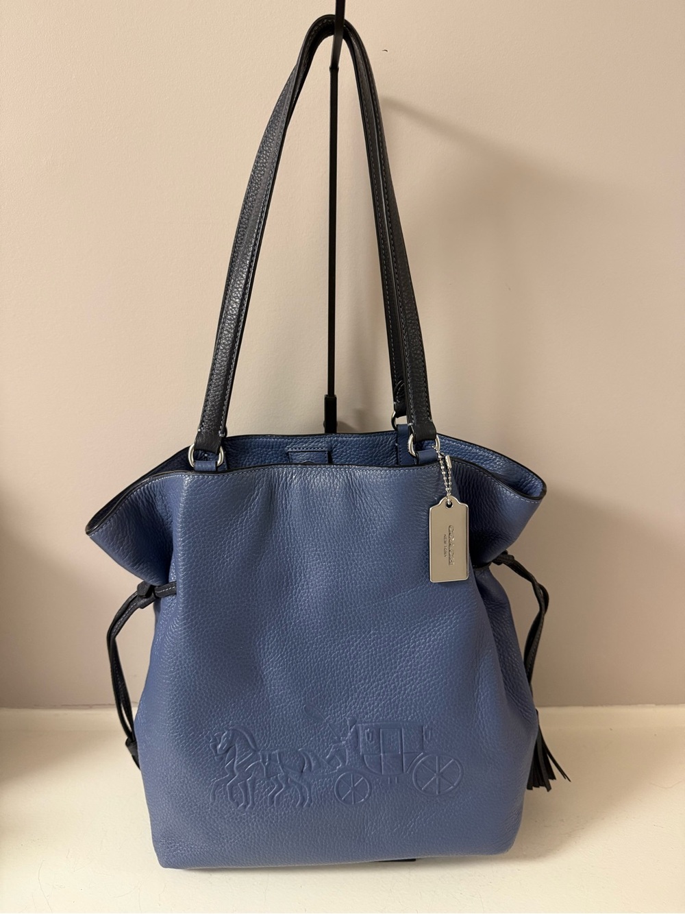 Horse & Carriage Coach Blue Pebbled Leather bucket Tote! Like New!!